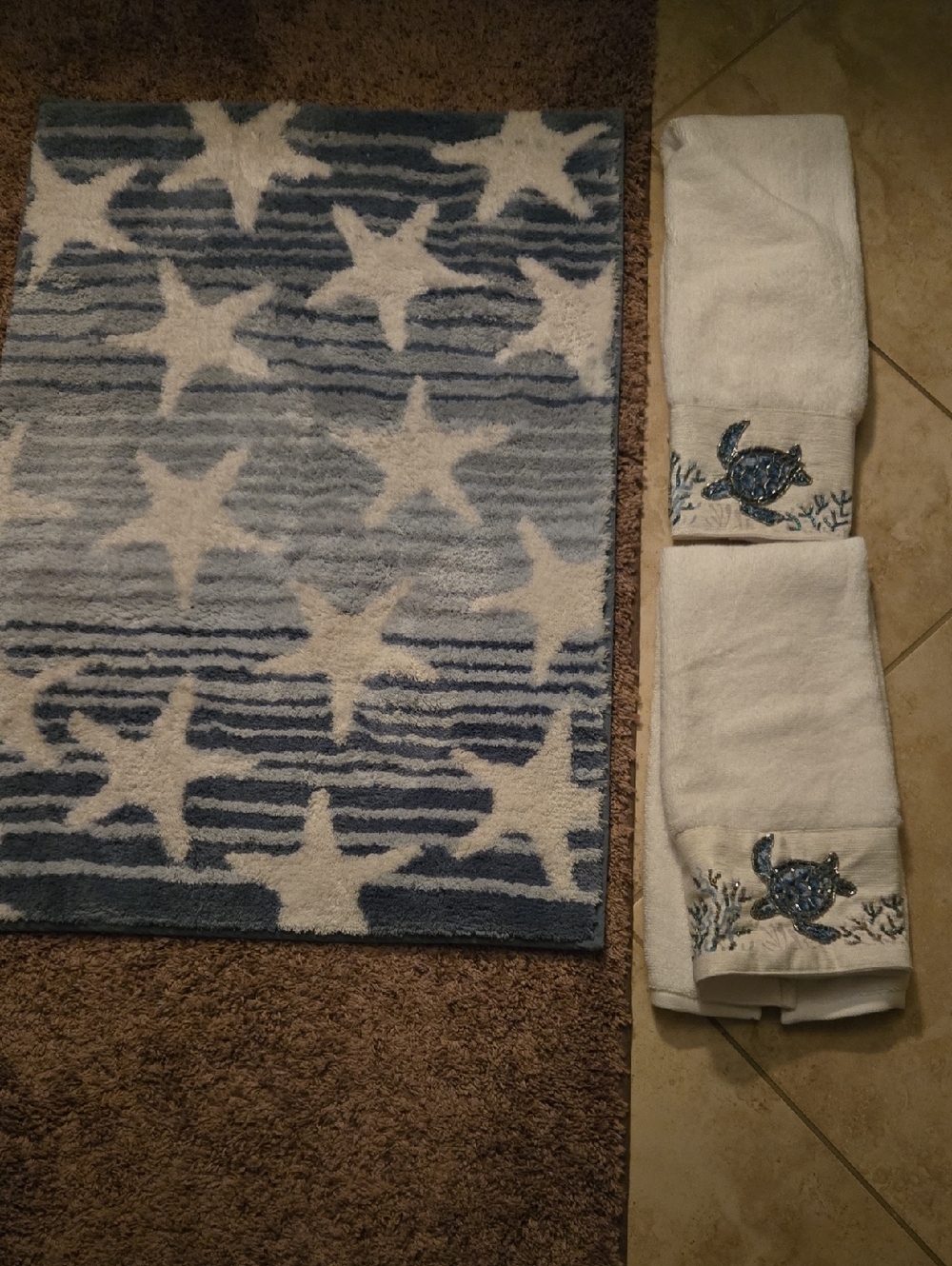 Bath Mat & 2 Hand Towels Embroidered Turtle All New - Picture 1 of 7